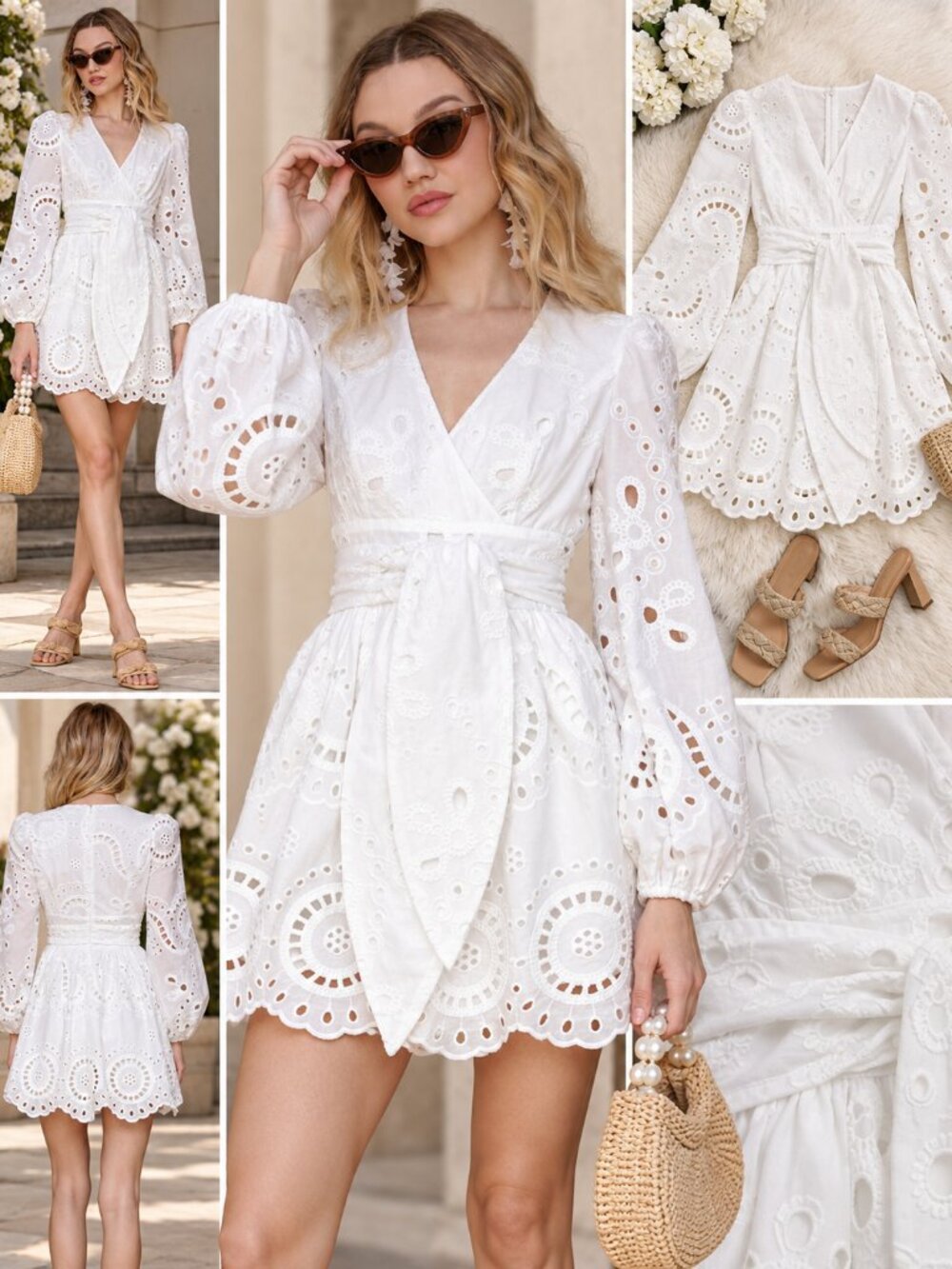 Avec Les Filles White Eyelet Wrap Mini Dress Puff Sleeve Size 14 NWT